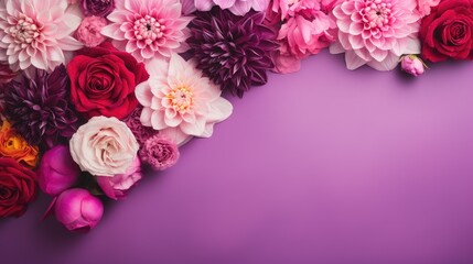 a beautiful and colorful valentine's day flower bouquet flat lay artfully arranged on a radiant violet background