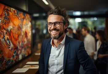 Fototapeta premium Picture of white male manager after business meeting