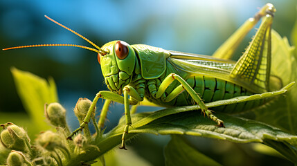 Fototapeta premium A young grasshopper is resting on a leaf., green grasshopper on stone back ground, big green grasshopper on green leaf, A close-up photograph of a praying mantis perched on a branch.