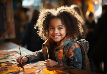Little mixed race girl with backpack painting in restaurant - obrazy, fototapety, plakaty