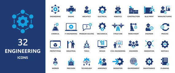 Engineering icons collection. 32 designs of engineering icon. Solid icon elements. - obrazy, fototapety, plakaty