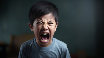 Angry boy screaming, upset, sad, negative attitude.Stressed child with bad behavior stubborn. mental health. Autism kid. ADHD concept. - obrazy, fototapety, plakaty