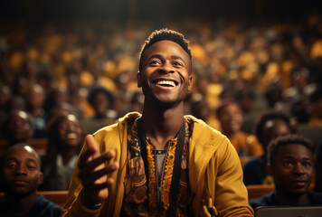 Cheerful african american guy at stadium - obrazy, fototapety, plakaty