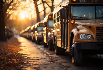 New american school busses on the street - obrazy, fototapety, plakaty
