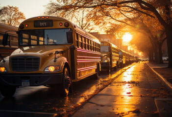 Large yellow school busses is parked on the street