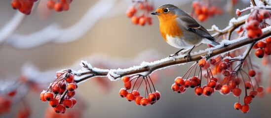 Fototapeta premium December 2010: Robin bird, Midlands, frosty berries.