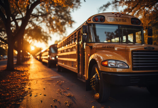 Modern yellow school bus finished the drive - Powered by Adobe