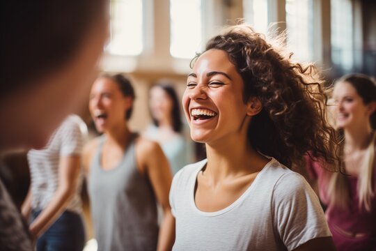 Portrait of a young woman dancing with her friends in a dance gym.