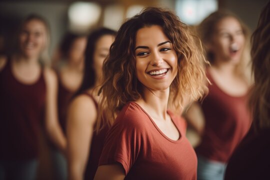 Portrait of a young woman dancing with her friends in a dance gym.
