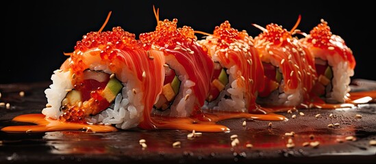 Sushi being eaten in a closeup shot.