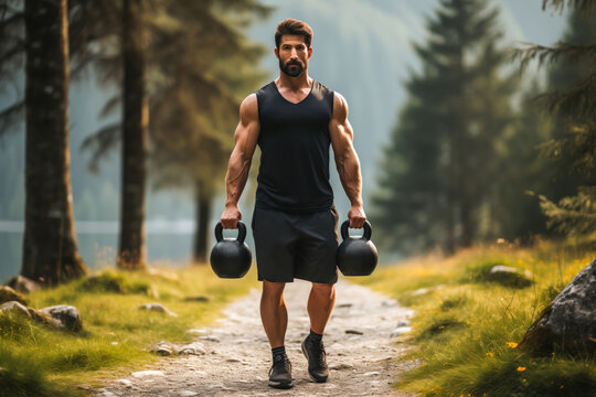 Athletic man carrying walking with kettlebells, outdoors, exercise strength training workout