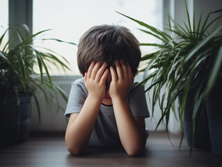 Portrait of adorable little boy sitting on the windowsill and crying. Upset child covering his face at home