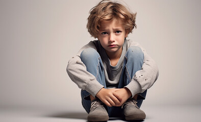 Young kid over grunge grey wall depressed and worry for distress, crying angry and afraid. Sad expression