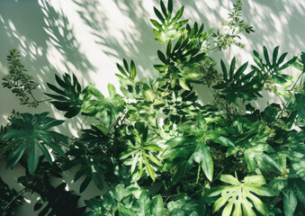 Fototapeta premium Indoor courtyard tropical garden, plants isolated on a white background wall with drop shadows