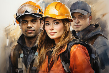 Fototapeta premium Group of workers looks at camera