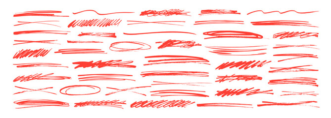 Red divides, strike through lines, underlines collection. Hand drawn vector scribble brush strokes.
