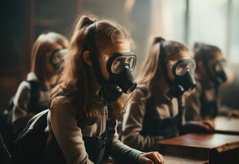 Group of girls wear gas masks in classroom - obrazy, fototapety, plakaty