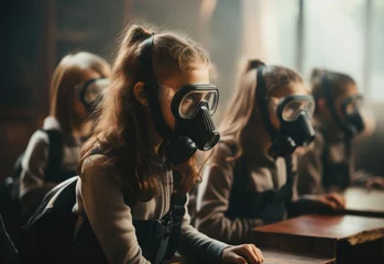 Fotobehang Group of girls wear gas masks in classroom © Larisa AI