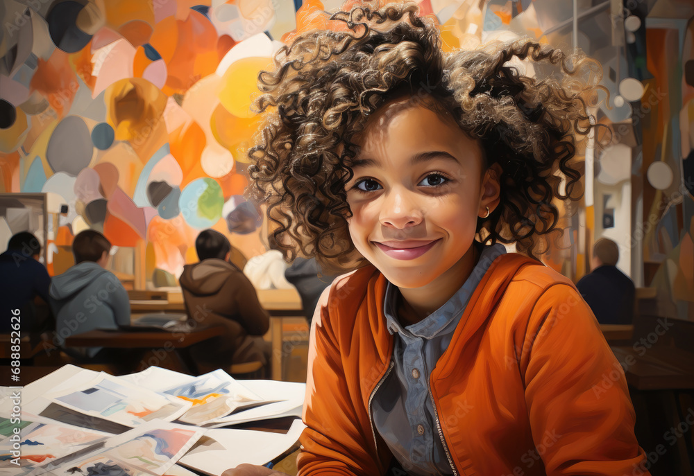 Wall mural Mixed race girl sitting in school classroom