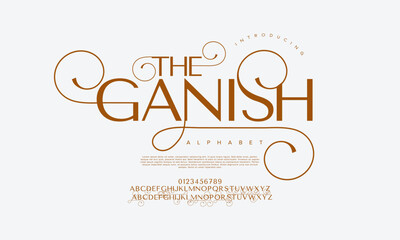 Fototapeta na wymiar Theganish premium luxury elegant alphabet letters and numbers. Elegant wedding typography classic serif font decorative vintage retro. Creative vector illustration