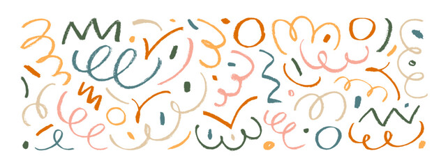 Pastel colored pencil curly lines and squiggles vector set. Charcoal scribbles, childish doodle.