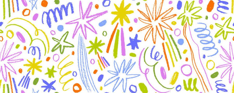 Colorful seamless banner design with doodle stars and comets. Charcoal cosmic motif.