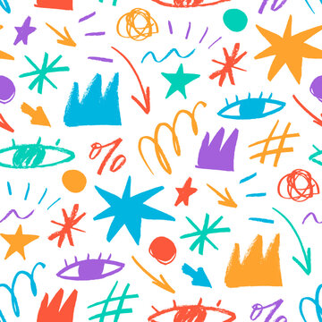 Fun colorful seamless pattern with various doodle shapes in childish style.