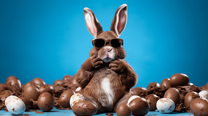 Fototapeta na wymiar Cool stylish funny Easter bunny rabbit with sunglasses sitting and eating chocolate Easter eggs against a blue background during Holy Week holiday celebration