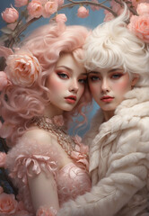 Fototapeta premium two girls hugging, in pink colors, on the background of an arch of flowers