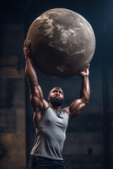 Strongman lifting holding a huge concrete atlas stone above his head, vertical, strength training weight lifting