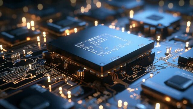 AI generated animation of a computer board with zoom out effect. Concept of science and new technologies. High quality 4k footage