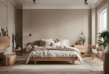 Scandinavian style bedroom mockup with natural wood furniture and a beige color scheme