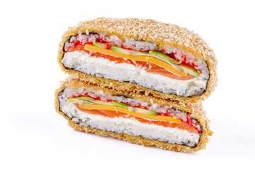 appetizing fresh sushi burgers on white background for food delivery site 9