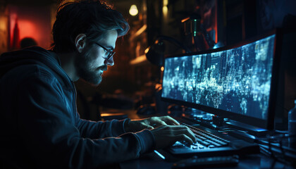 Fototapeta premium Experienced and skilled guy expert editing data 