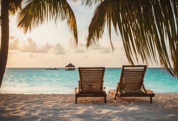 Tropical Beach - Deckchairs With Palm Tree On Coral Sand on Tropical Island - Glittering Light Effects