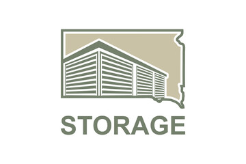 Illustration logo of a storage warehouse building, with an outline of a map of the state of South Dakota