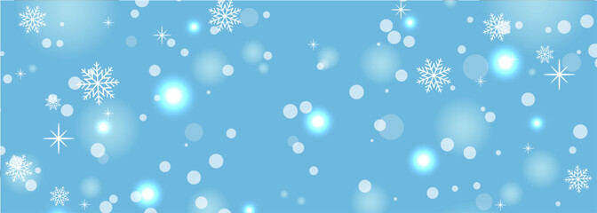 Christmas snowfall, festive mood, snow and swirling snowflakes on wide blue background. New year illustration with snowflakes. Vector illustration - obrazy, fototapety, plakaty