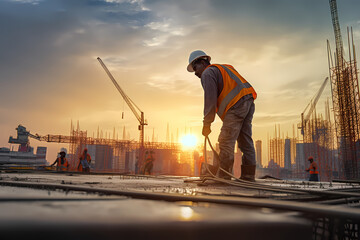 Construction worker control a pouring concrete pump on construction site