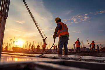 Construction worker control a pouring concrete pump on construction site