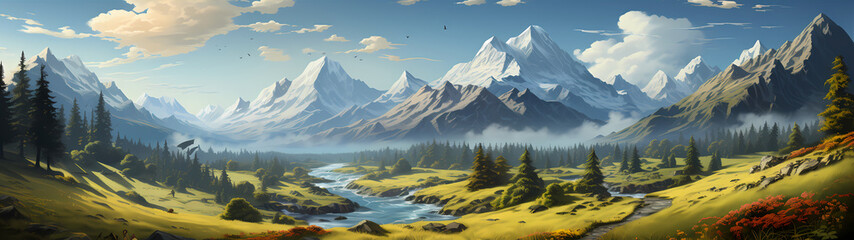 "Image of mountainous landscape, countryside, mountain range, illustration of mountains and snow."




