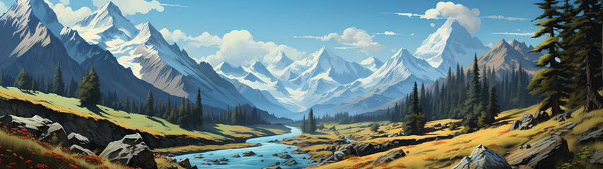 "Image of mountainous landscape, countryside, mountain range, illustration of mountains and snow."




