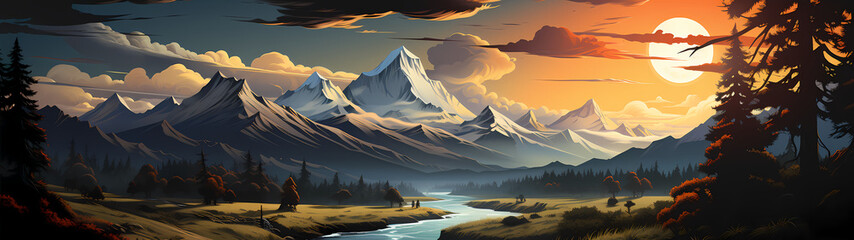 "Image of mountainous landscape, countryside, mountain range, illustration of mountains and snow."




