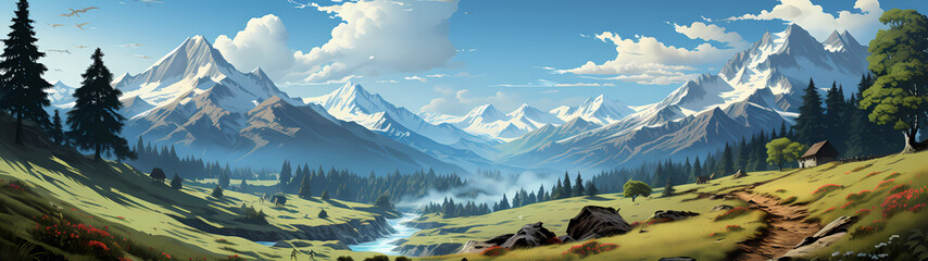 "Image of mountainous landscape, countryside, mountain range, illustration of mountains and snow."




