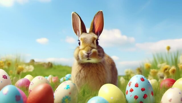 Easter bunny sitting on the green grass next to colorful easter eggs. Animation with zoom effect. Easter celebration concept. Generative AI. High quality 4k footage