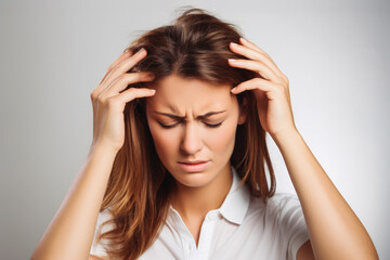 Fototapeta premium Adult woman with migraine headache holding her head having pain. White background. Studio photo.