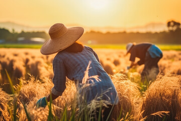 Asian farmer workers working at rice farm fields and harvesting rice. Vintage clothing with straw hats. Beautiful sunrise in morning. - obrazy, fototapety, plakaty