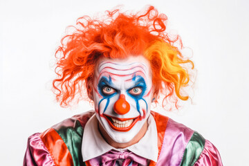 Portrait of a scary crazy looking maniac killer clown with make-up and big red nose with colorful hair and joker outfit. Isolated on white background. - obrazy, fototapety, plakaty
