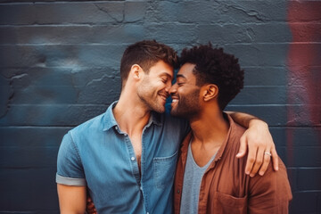 Portrait of Homosexual men holding hands, kissing, flirting in romantic way, mixed race. Having intimate moment, kissing. Trust.