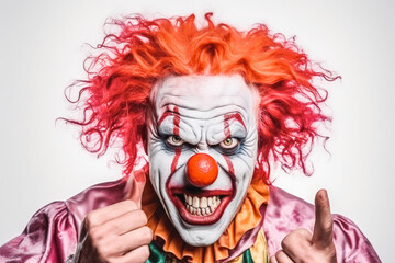 Portrait of a scary crazy looking maniac killer clown with make-up and big red nose with colorful hair and joker outfit. Isolated on white background. - obrazy, fototapety, plakaty