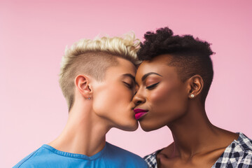 Obraz premium Portrait of Homosexual women holding hands, kissing, flirting in romantic way, mixed race. Intimate moment. Equality. Date. Valentine's day.